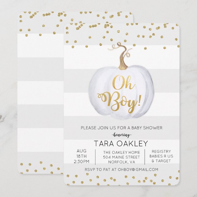Oh Boy Pumpkin Glitter Baby Shower Invitation (Front/Back)