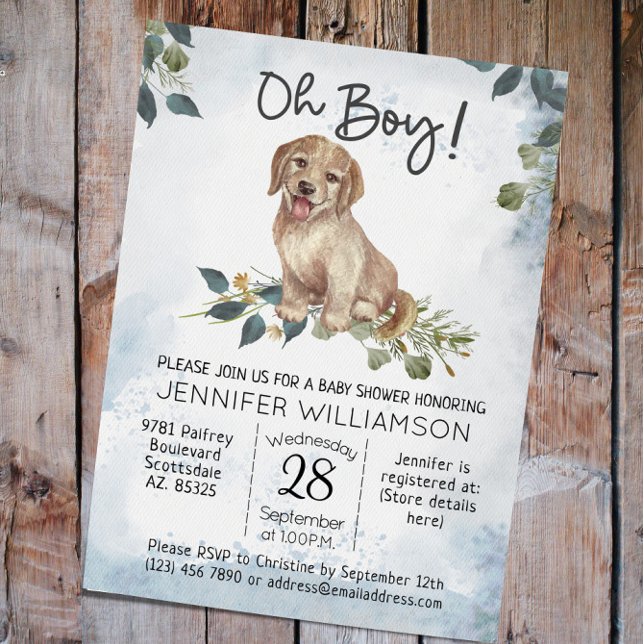 Oh Boy! Puppy Modern Watercolor Baby Shower Invitation (Oh Boy! Labrador Puppy Dog Baby Shower invitation)