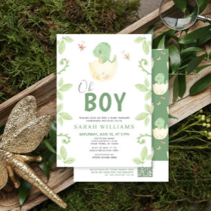 Oh Boy QR Code Cute Green Dinosaur Baby Shower Invitation