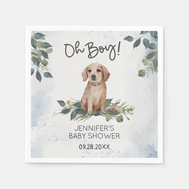 Oh Boy! Retriever Puppy Watercolor Baby Shower Napkin (Front)