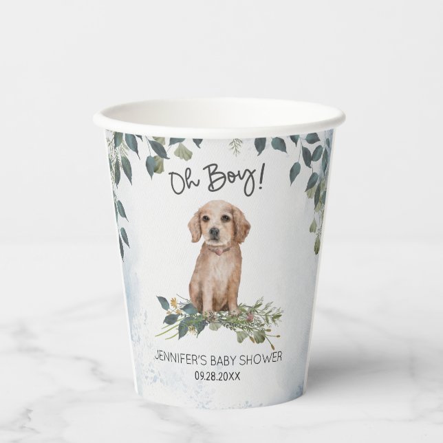 Oh Boy! Retriever Puppy Watercolor Baby Shower Paper Cups (Front)