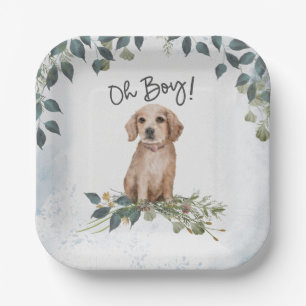 Oh Boy! Retriever Puppy Watercolor Baby Shower Paper Plate