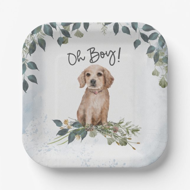 Oh Boy! Retriever Puppy Watercolor Baby Shower Paper Plate (Front)