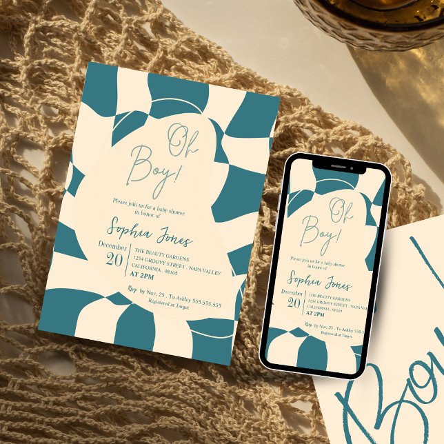 Oh Boy! Retro Chequered | Gingham | baby shower Invitation (Creator Uploaded)