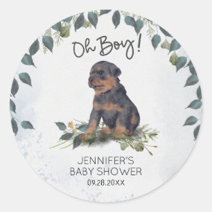 Oh Boy! Rottweiler Puppy Watercolor Baby Shower Classic Round Sticker