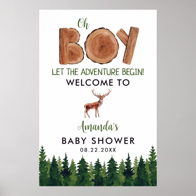 Oh Boy - Rustic Boy Woodland Baby Shower Welcome Poster (Front)