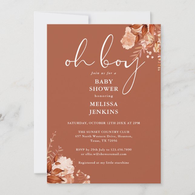 Oh Boy Rustic Floral Autumn Fall Baby Shower Invitation (Front)