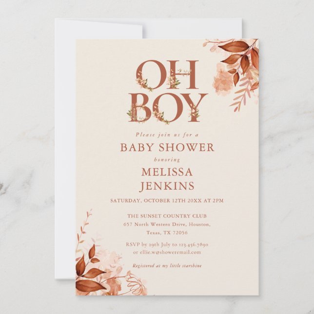 Oh Boy Rustic Floral Autumn Fall Baby Shower Invitation (Front)