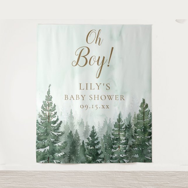 Oh Boy Rustic Pine Forest Baby Shower Photo Prop Tapestry (Front)