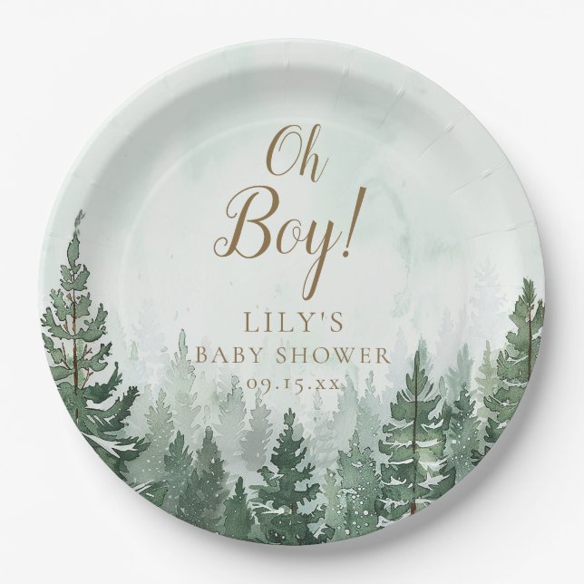 Oh Boy Rustic Pine Tree Forest Baby Shower Paper Plate (Front)