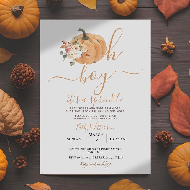 Oh Boy Rustic Pumpkin White Floral Baby Shower Invitation (Creator Uploaded)