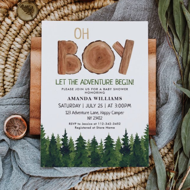 Oh Boy Rustic Watercolor Woodland Baby Shower  Invitation (Creator Uploaded)