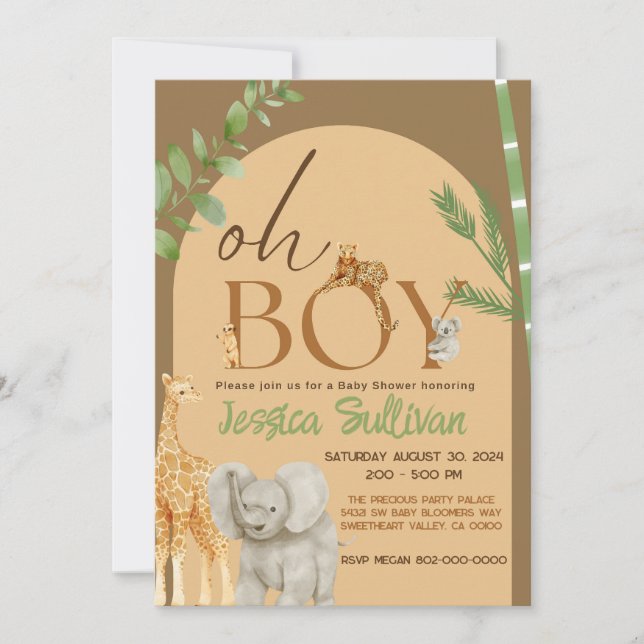 Oh Boy Safari Animal Earth Tone Baby Shower Invitation (Front)