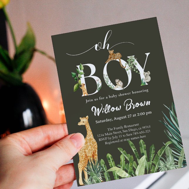 Oh Boy Safari Animal Forest Greenery Baby Shower Invitation (Creator Uploaded)