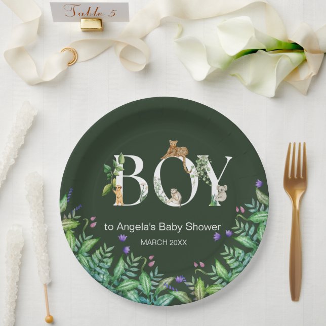 Oh boy Safari Animal Jungle Green Baby Shower Paper Plate (Wedding)