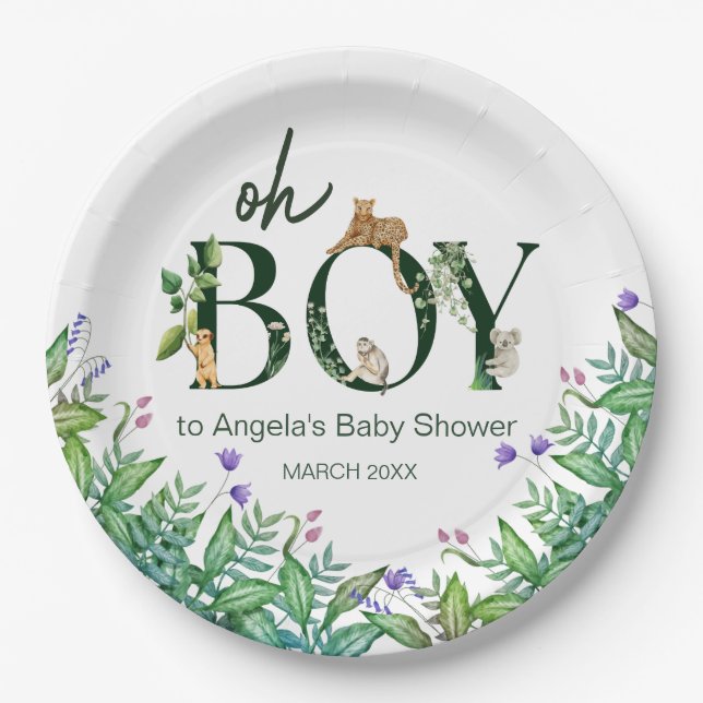 Oh boy Safari Animal Jungle Green Baby Shower Paper Plate (Front)
