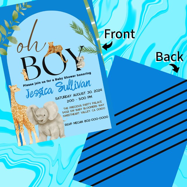 Oh Boy Safari Animal Shades of Blue Baby Shower Invitation (Blue Safari Baby Shower Oh Boy Invite)