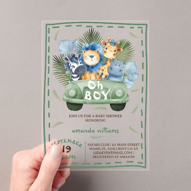 Oh Boy Safari Animals baby shower Acrylic Invitations (Insitu (Handheld))