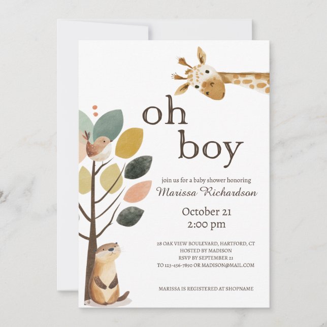 Oh Boy Safari Animals Baby Shower Invitation (Front)