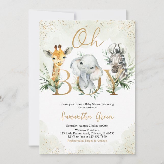 Oh Boy Safari Animals Baby Shower Invitation (Front)