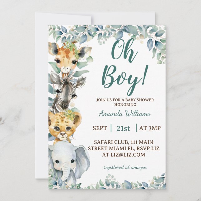 Oh Boy Safari Animals Baby Shower Invitation (Front)
