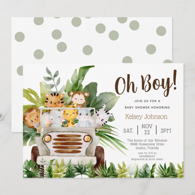 Oh Boy Safari Jungle Zoo Animals Boy Baby Shower Invitation (Front/Back)
