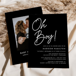 Oh Boy Script Black and White Photo Baby Shower Invitation