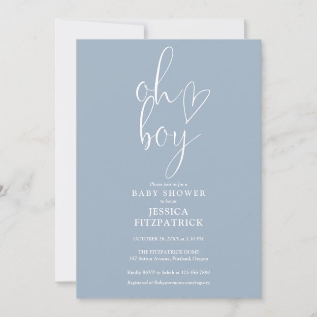 Oh Boy Script Heart Dusty Blue Boy Baby Shower Invitation (Front)