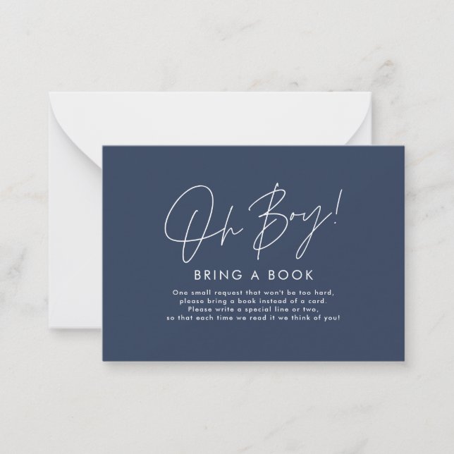 oh boy script navy blue baby shower bring a book  card (Front)