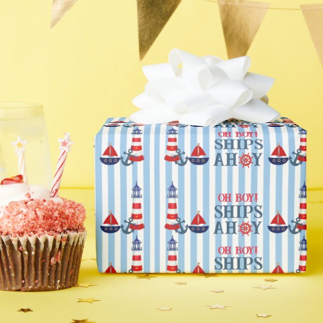 Oh Boy Ships Ahoy First Birthday Shower Wrapping Paper (Birthday Party)
