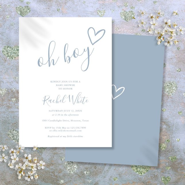 Oh Boy Shower Heart Dusty Blue Minimalist Invitation (Oh Boy Shower Heart Dusty Blue Minimalist Invitation)