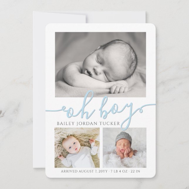 Oh Boy Simple Collage Photo Birth Announcement (Front)