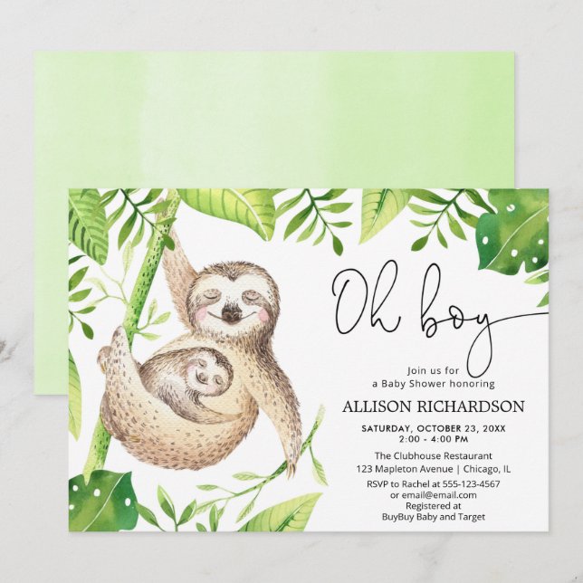 Oh Boy sloth tropical green leaves boy baby shower Invitation (Front/Back)