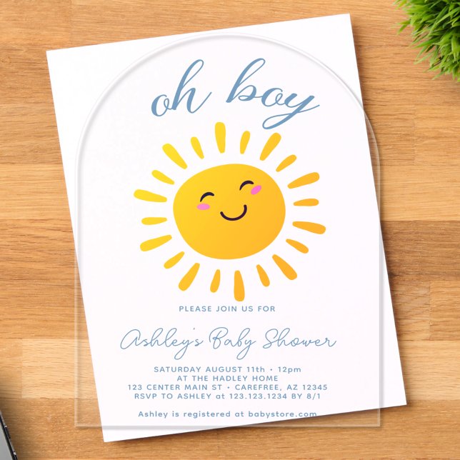Oh Boy Sunshine Blue Baby Shower Acrylic Invitations (Creator Uploaded)