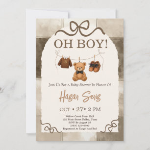 Oh Boy Teddy Bear Beige Gingham Baby Shower Invitation