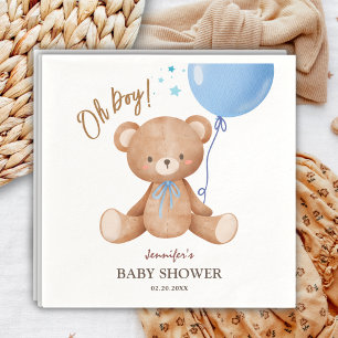 Oh Boy Teddy Bear Blue Balloon Baby Shower Napkin