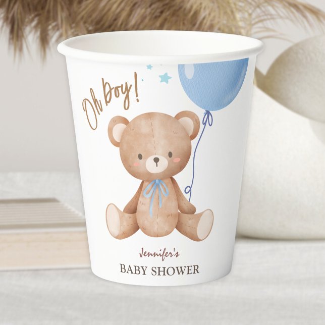 Oh Boy | Teddy Bear Blue Balloon Baby Shower Paper Cups (Creator Uploaded)