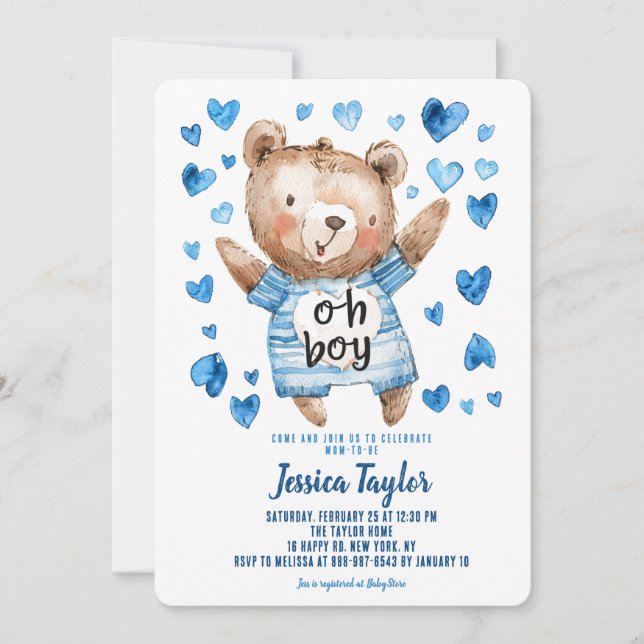 Oh Boy Teddy Bear Blue Hearts Boy Baby Shower Invitation (Front)