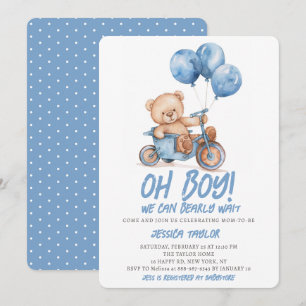 Oh Boy Teddy Bear Boy Blue Bearly Wait Baby Shower Invitation