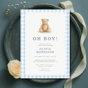 Oh Boy Teddy Bear Gingham Baby Shower Invitation