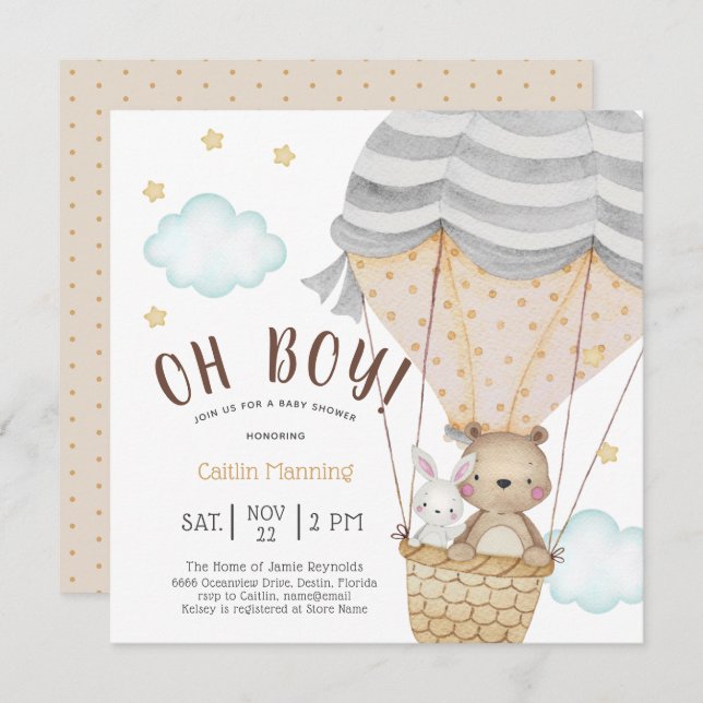 Oh Boy Teddy Bear Woodland Baby Shower Invitation (Front/Back)