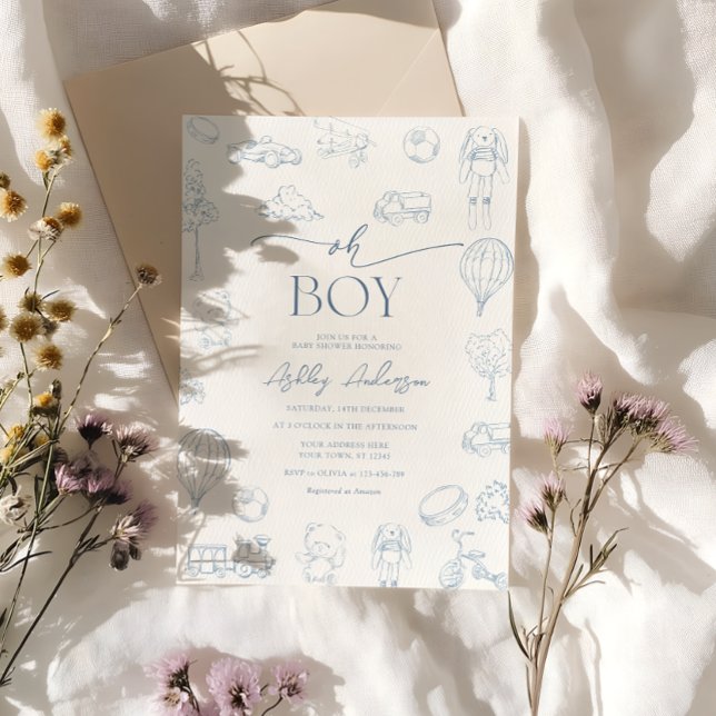 Oh Boy Toile De Jouy Blue Baby Shower  Invitation (Creator Uploaded)