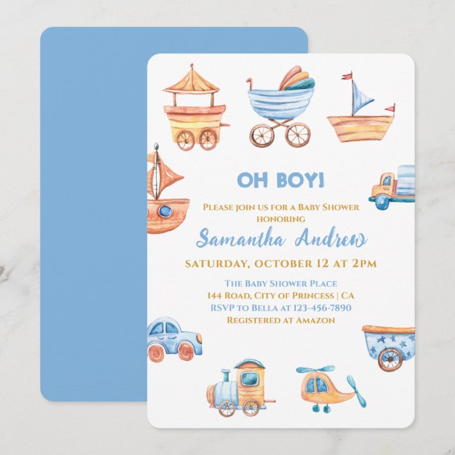 Oh Boy Toys Cute Baby Shower Invitation (Front/Back)