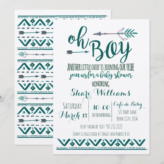 Oh Boy Tribal Baby Shower Invitation -Green (Front/Back)