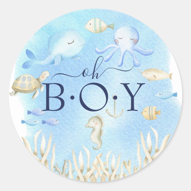 Oh Boy Under the Sea Baby Shower Favour Classic Round Sticker (Front)