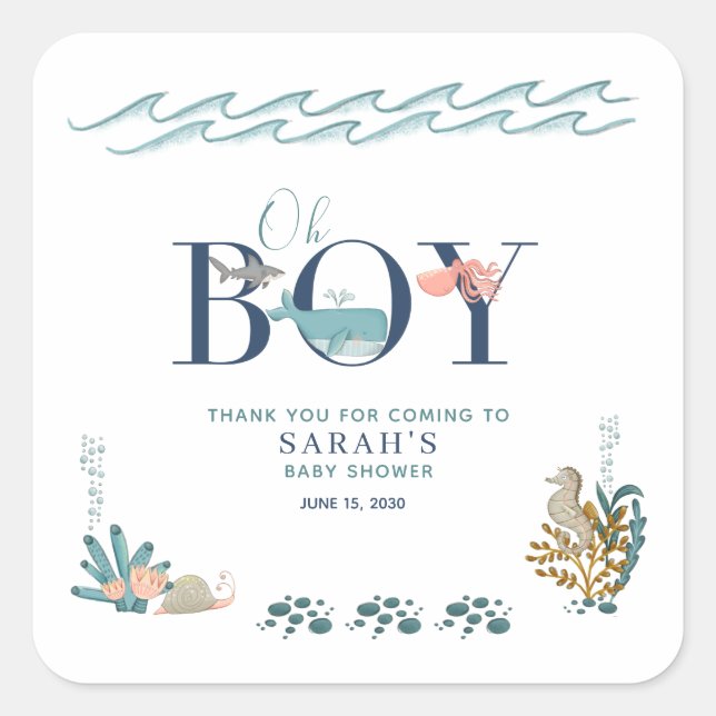 Oh Boy Under the Sea Baby Shower Thank You Square Sticker (Front)