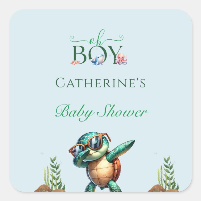 Oh Boy Under The Sea Turtle Baby Shower Square Sticker (Front)