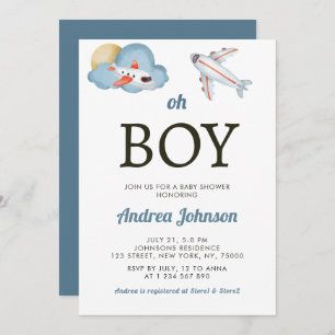 Oh Boy Watercolor Aeroplane Cloud Sky Baby Shower  Save The Date
