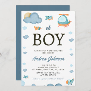Oh Boy Watercolor Aeroplane Helicopter Baby Shower Save The Date