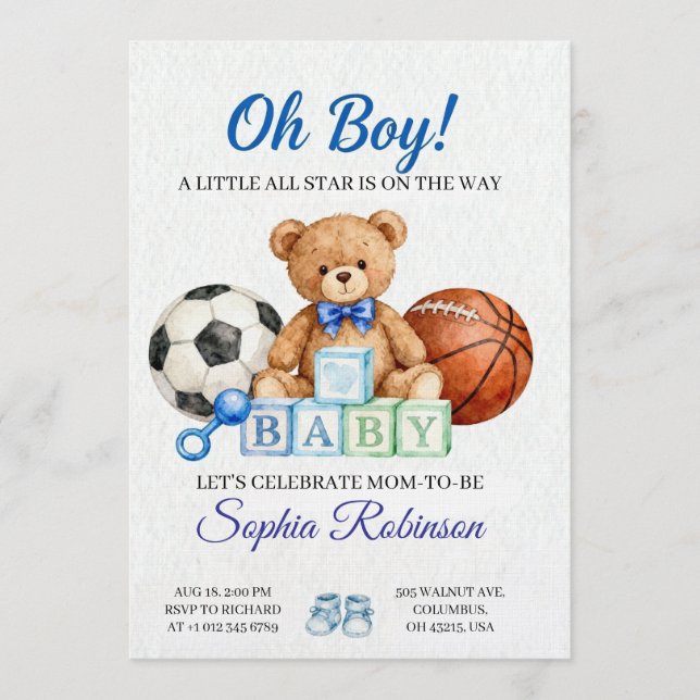  "Oh Boy" Watercolor  Baby Shower Invitation (Front)